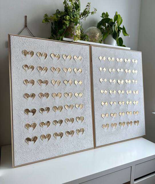 Gold Heart Textured Wall Art, White Canvas Painting, Leaf Love Decor Glam Nursery - image 1