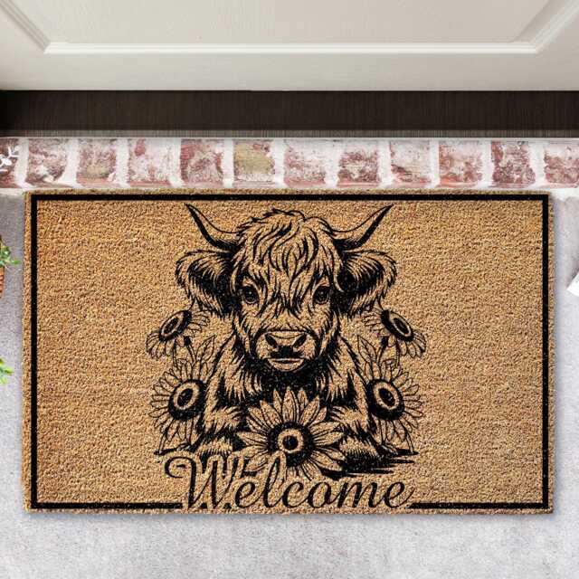 Highland Cow Door Mat - Rustic Coir Welcome With Cow & Sunflowers - image 1