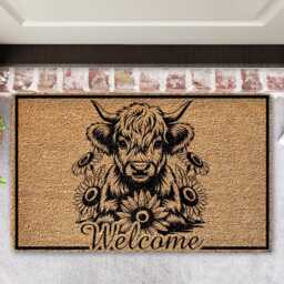 Highland Cow Door Mat - Rustic Coir Welcome With Cow & Sunflowers