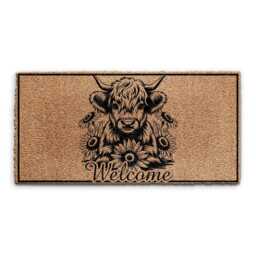 Highland Cow Door Mat - Rustic Coir Welcome With Cow & Sunflowers - thumbnail 4