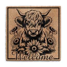 Highland Cow Door Mat - Rustic Coir Welcome With Cow & Sunflowers - thumbnail 2