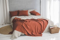 Burnt Orange Linen Sofa Cover, Natural Throw Blanket, Heavyweight Bed Handmade Throw, Softened Blanket - thumbnail 1