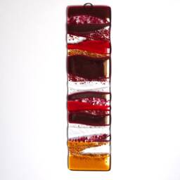 Fused Glass Wall Art Red, Gold & Pink Abstract Panel - 31x8 cm Eh 1292 - thumbnail 2