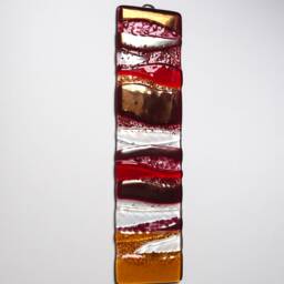 Fused Glass Wall Art Red, Gold & Pink Abstract Panel - 31x8 cm Eh 1292 - thumbnail 1
