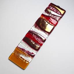 Fused Glass Wall Art Red, Gold & Pink Abstract Panel - 31x8 cm Eh 1292 - thumbnail 3