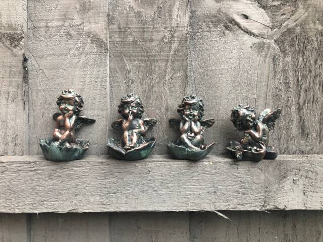 Set Of Four Miniature Garden Cherubs, Ornaments, Christmas Sitting Memorial Decoration - image 1