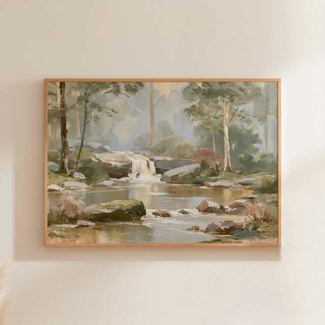Forest Waterfall Poster, Green Landscape Print, Nature Wall Art, Paper - image 1