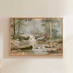 Forest Waterfall Poster, Green Landscape Print, Nature Wall Art, Paper - thumbnail 1