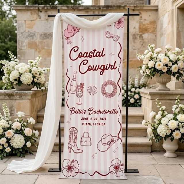 Personalized Bachelorette Banner Coastal Cowgirl, Custom Striped Wall Tapestry, Beach Bach Party Decor, Bride To Be Celebration Sign 2026 - image 1