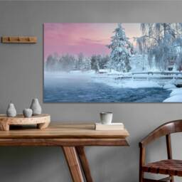 Frozen Winter Lake , Snow, Sunrise, Lake, River, Panoramic, Home D??cor, Mounted Canvas Wall Art Print - thumbnail 2