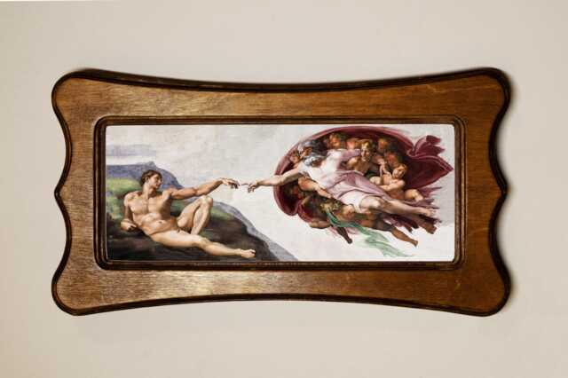 Light Oak Wooden Framed Picture, Art Nouveau Style, Creation Of Adam Michelangelo, Print, Wall Hanging Home Decor - image 1