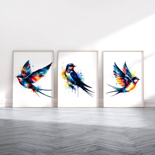 Swallow Bird Print Set - 3 Watercolour Posters - Wall Art Watercolor Poster Watcher Gifts Decor Artwork Animal Pictures - image 1