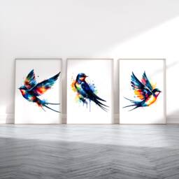 Swallow Bird Print Set - 3 Watercolour Posters - Wall Art Watercolor Poster Watcher Gifts Decor Artwork Animal Pictures - thumbnail 1