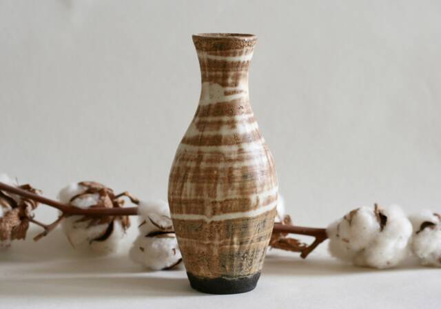 Handmade Cream-Brown Ceramic Bud Vase - Single Flower Japanese Style Pottery - image 1