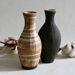 Handmade Cream-Brown Ceramic Bud Vase - Single Flower Japanese Style Pottery - thumbnail 2