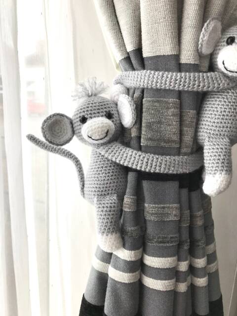 Grey Monkey Curtain Tiebacks. Crochet Ties. Animal Baby Room Decoration. Shower Gift - image 1