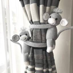 Grey Monkey Curtain Tiebacks. Crochet Ties. Animal Baby Room Decoration. Shower Gift - thumbnail 2