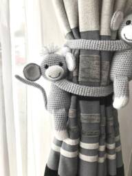 Grey Monkey Curtain Tiebacks. Crochet Ties. Animal Baby Room Decoration. Shower Gift - thumbnail 1