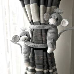 Grey Monkey Curtain Tiebacks. Crochet Ties. Animal Baby Room Decoration. Shower Gift - thumbnail 3