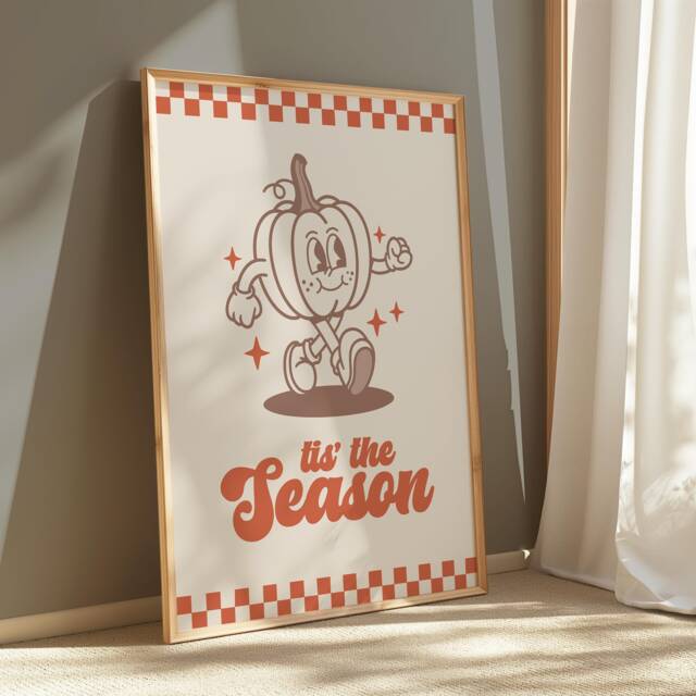 Retro Pumpkin Print, Tis' The Season Autumn Wall Home Decor, Fall Decoration, Halloween Art, Cute 2718 - image 1
