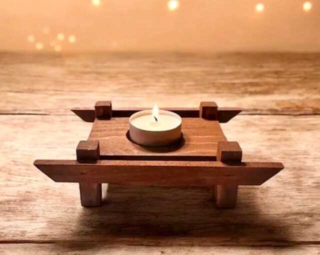 Rustic Cedar Tea Light Holder Asian Inspired Candle Decor