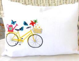 Yellow Embroidered Bicycle Pillow Cover Spring Floral Bike, May Decor - thumbnail 1