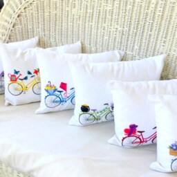 Yellow Embroidered Bicycle Pillow Cover Spring Floral Bike, May Decor - thumbnail 4