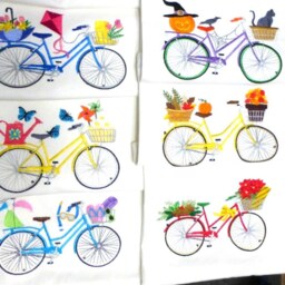 Yellow Embroidered Bicycle Pillow Cover Spring Floral Bike, May Decor - thumbnail 3