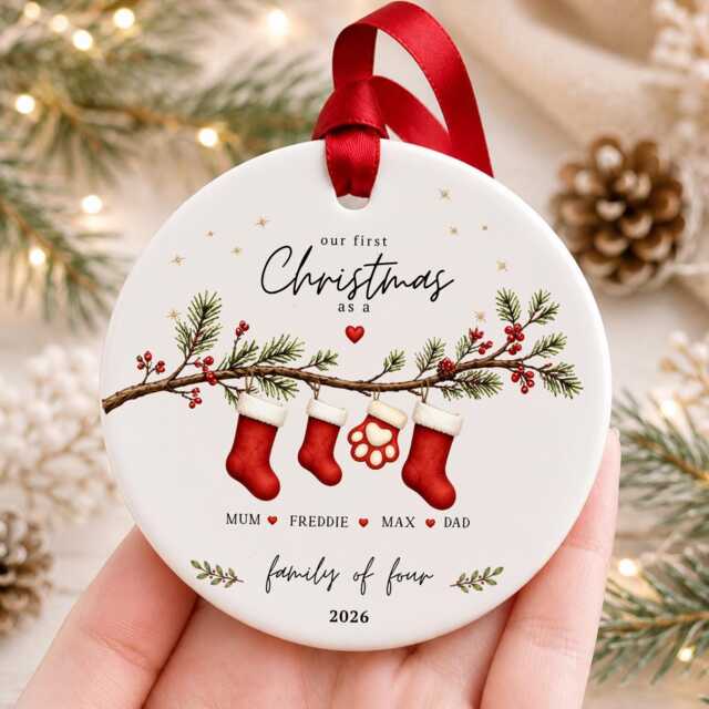 Our First Christmas As A Family Ornament Personalised Of Four Bauble Ceramic Decoration New Baby & Pet Keepsake Gift - image 1