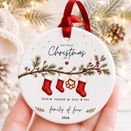 Our First Christmas As A Family Ornament Personalised Of Four Bauble Ceramic Decoration New Baby & Pet Keepsake Gift - thumbnail 2
