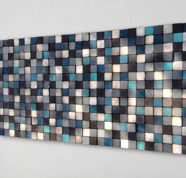 Geometric Wood Mosaic Wall Art - Reclaimed Pine, Grey Blue Turquoise - image 1