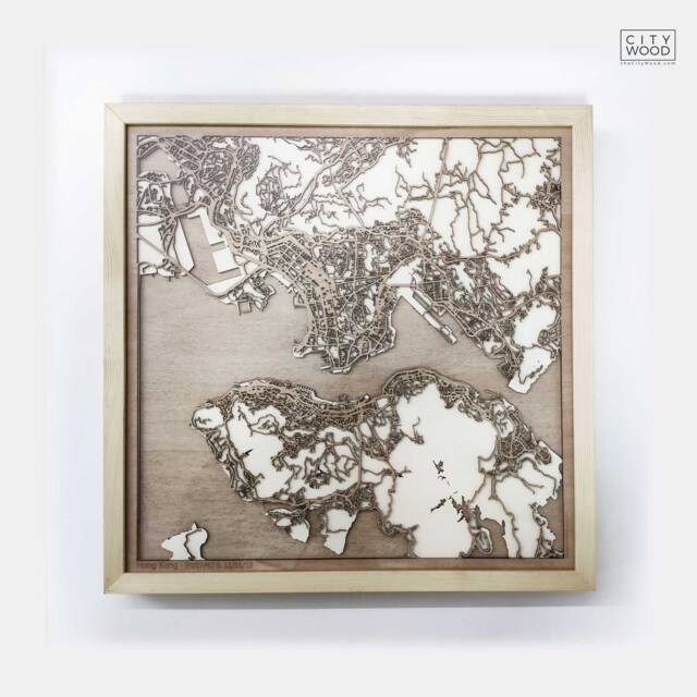 Hong Kong Wooden Map Art - Laser Cut Pinewood Framed Cityscape - image 1