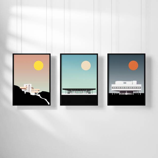 Modernist Gallery Art Print Set - Modern Architecture Graphic Illustration Frank Lloyd Wright, Mies Van Der Rohe, Le Corbusier - image 1