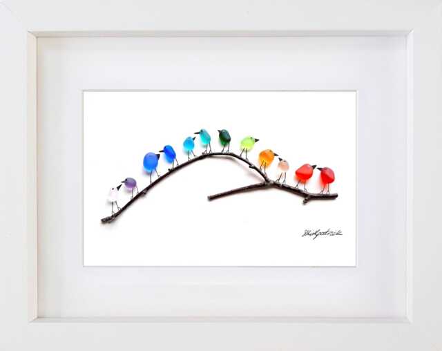Rainbow Birds On Branch - Recycled Glass & Driftwood Picture Framed Handmade Wall Art Decor - image 1