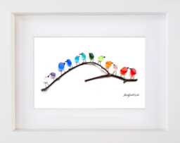 Rainbow Birds On Branch - Recycled Glass & Driftwood Picture Framed Handmade Wall Art Decor - thumbnail 1