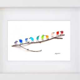 Rainbow Birds On Branch - Recycled Glass & Driftwood Picture Framed Handmade Wall Art Decor - thumbnail 2
