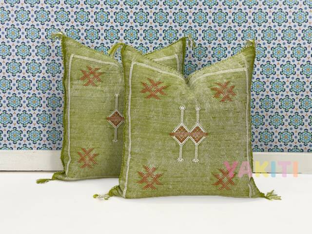 Yakiti-Green Square Moroccan Pillows 20x20, Aka Cactus Silk Pillow, Sabra Pillows, Outdoor Luxury Pillow, Durable & Weather Resistant - image 1