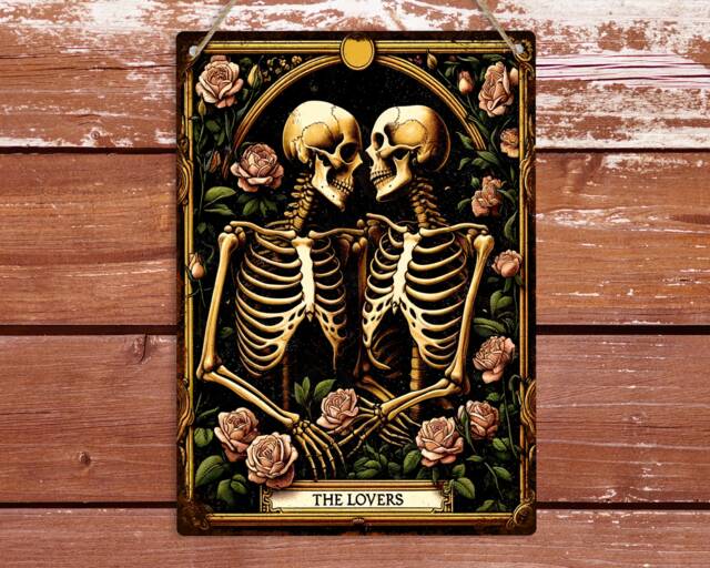 The Lovers Tarot Card Metal Sign Gothic Skeletons Art Decor - image 1