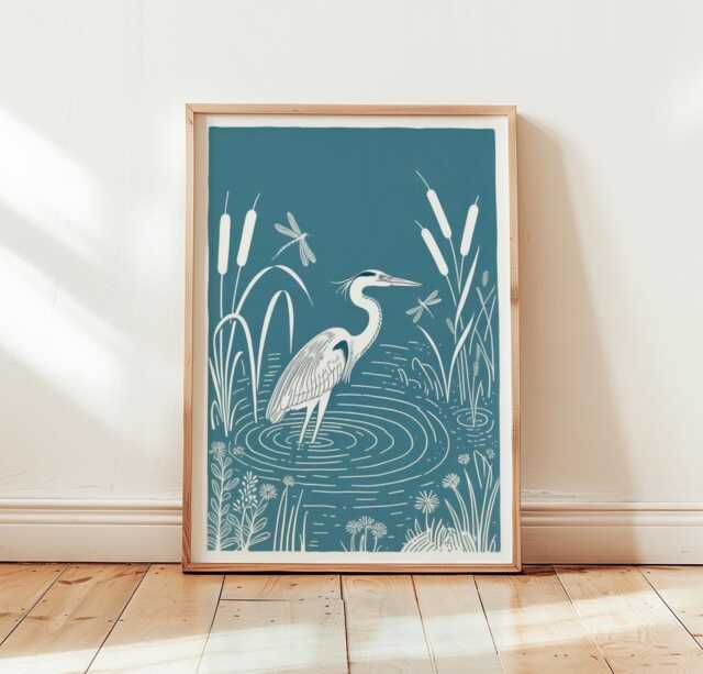 Heron Woodcut Poster, Blue Bird Wall Art, Wetland Nature Print, Coastal Wildlife Minimal Botanical Animal Decor - image 1