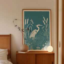 Heron Woodcut Poster, Blue Bird Wall Art, Wetland Nature Print, Coastal Wildlife Minimal Botanical Animal Decor - thumbnail 2