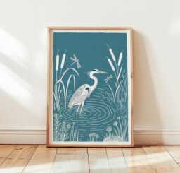 Heron Woodcut Poster, Blue Bird Wall Art, Wetland Nature Print, Coastal Wildlife Minimal Botanical Animal Decor - thumbnail 1