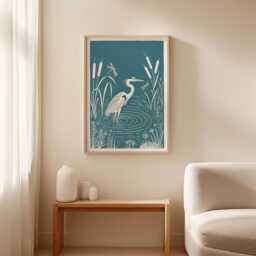 Heron Woodcut Poster, Blue Bird Wall Art, Wetland Nature Print, Coastal Wildlife Minimal Botanical Animal Decor - thumbnail 3