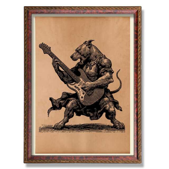 Vintage Rocker Pitbull Guitar Art Poster - Rustic Dog Music Decor Antique Style Pet Illustration Wall Gift - image 1