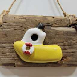 Character Nautical Dorset Driftwood & Yellow Ceramic Fishing Boat Wall Hanging Plaque Shabby Chic - thumbnail 4