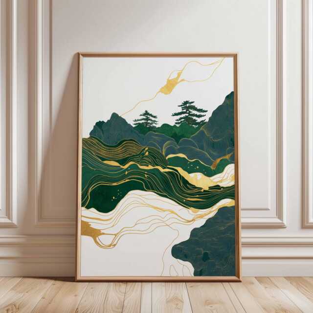Modern Japanese Landscape Wall Art, Gold & Green Abstract Mountain Poster, Elegant Nature Print For Minimal Home Decor - image 1