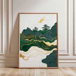 Modern Japanese Landscape Wall Art, Gold & Green Abstract Mountain Poster, Elegant Nature Print For Minimal Home Decor - thumbnail 1