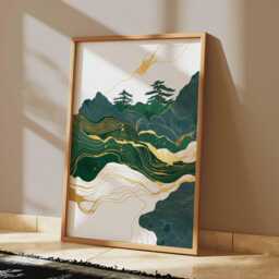 Modern Japanese Landscape Wall Art, Gold & Green Abstract Mountain Poster, Elegant Nature Print For Minimal Home Decor - thumbnail 2