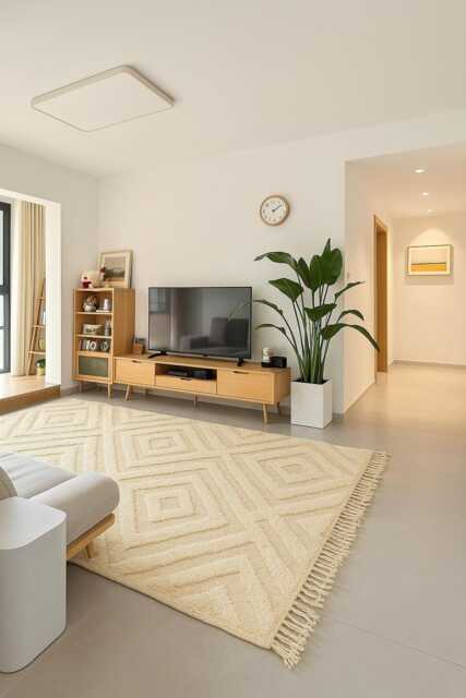 Handwoven White Moroccan Wool Rug, Boho Geometric Shag Carpet - image 1