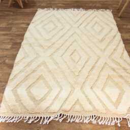 Handwoven White Moroccan Wool Rug, Boho Geometric Shag Carpet - thumbnail 3