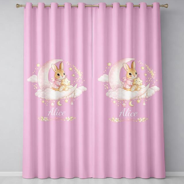 Personalised Name Pink Bunny Curtains Custom Colour Rabbit Window Drapes Nursery Decor Baby Shower Keepsake Girl Bedroom Room Decoration - image 1